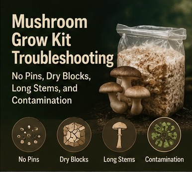 Mushroom Grow Kit Troubleshooting: No Pins, Dry Blocks, Long Stems, and Contamination quick visual